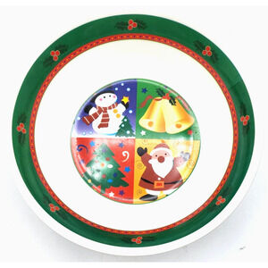 Two Christmas Snack Bowls Vintage 2001 Santa Tree Snowman Bell 10x2.5" Melamine